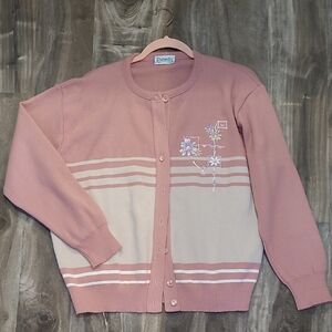 Vintage Dunedin Pink and Cream Women's Cardigan Sweater Size Large